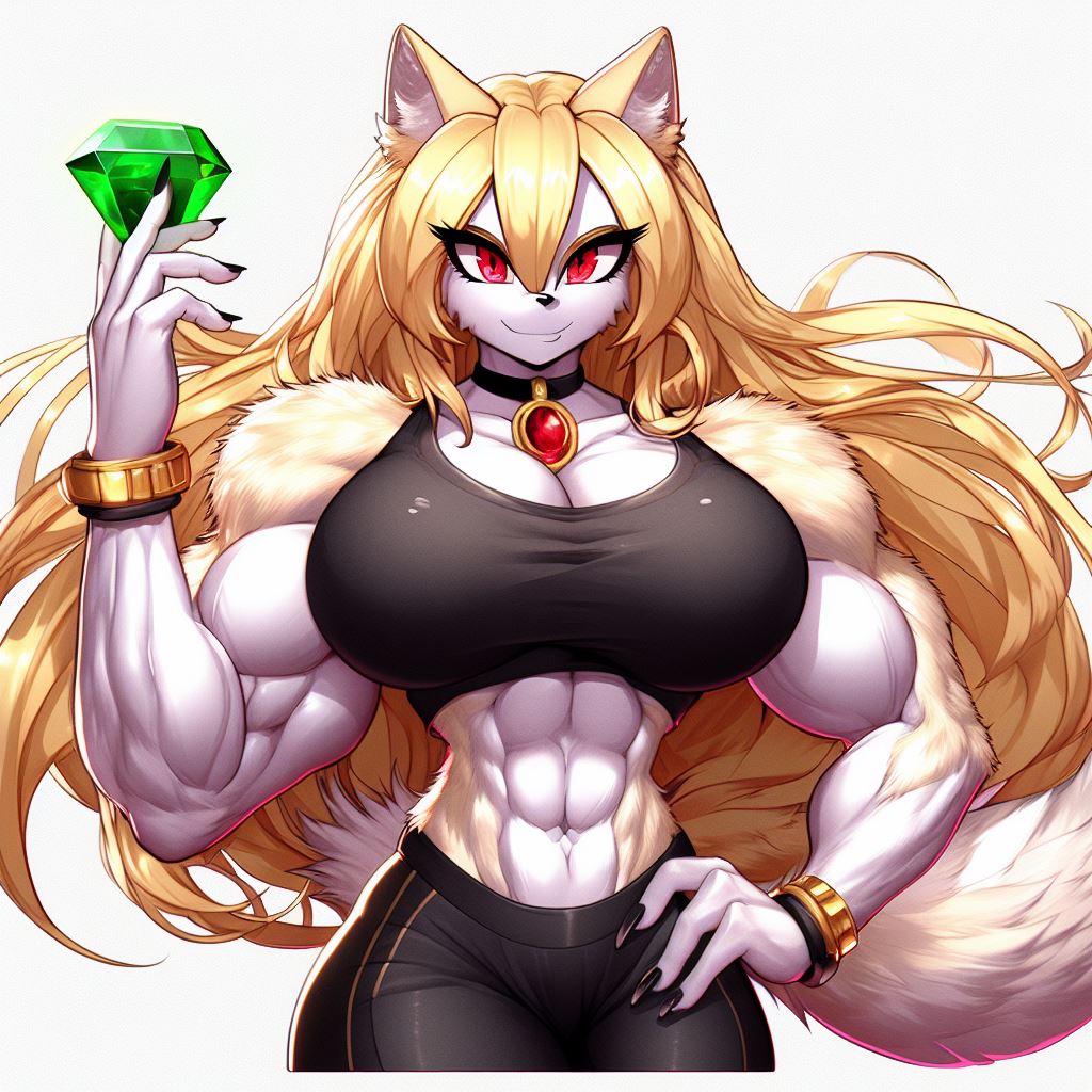 abs ai_generated anthro blonde_hair bracelet canine canis cheek_tuft fingernails gold_(metal) gold_bracelet gold_jewelry highlights_(coloring) huge_breasts long_hair luni_the_wolf mammal muscular_female necklace red_eyes sharp_fingernails sonic_(series) sonic_the_hedgehog_(series) super_sonic white_background white_fur wolf yellow_highlights