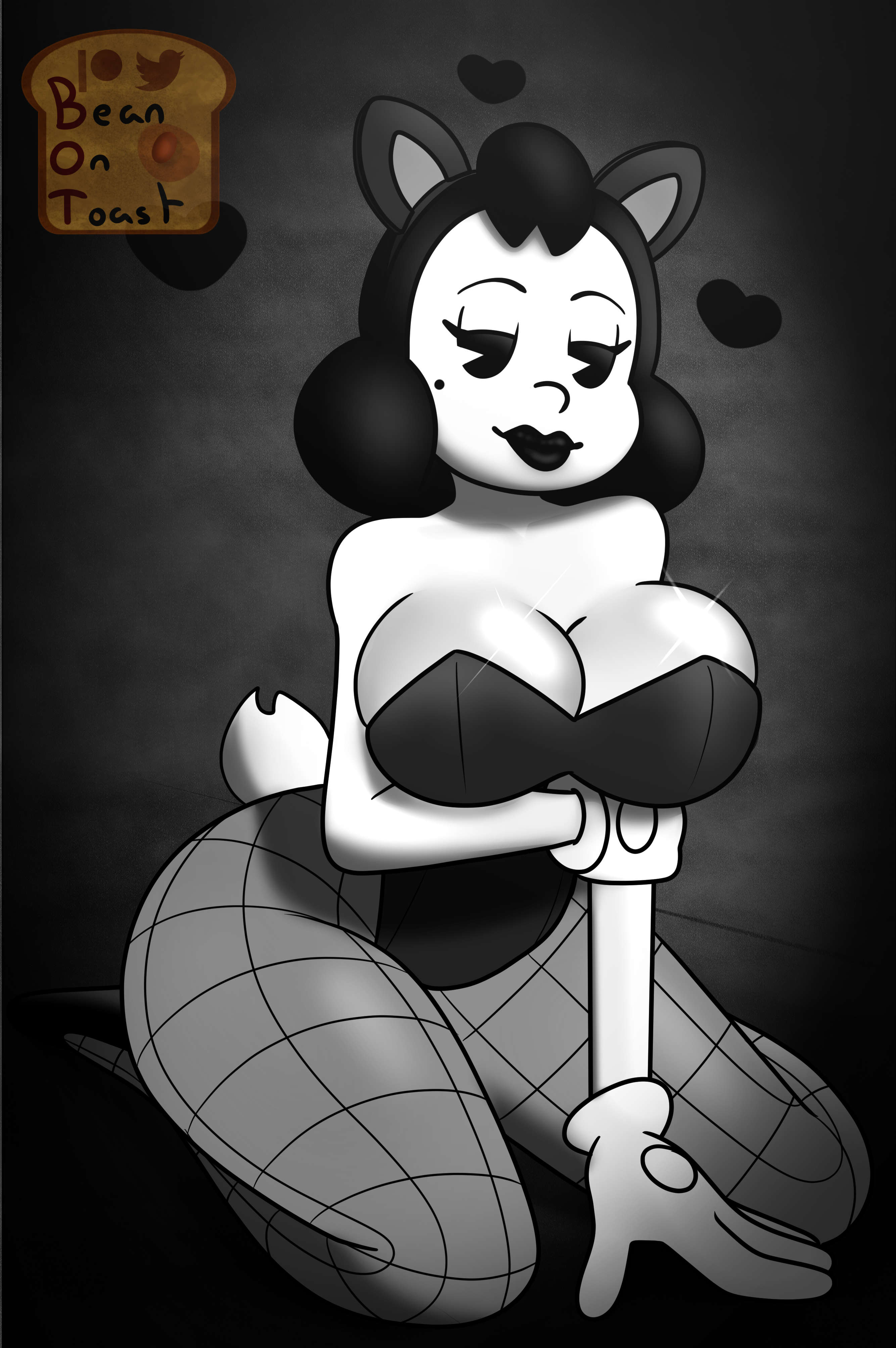 alice angel, beanontoast, bendy and the ink machine, big breasts, black hair, breasts, bunny ears, bunny tail, female, female only, monochrome