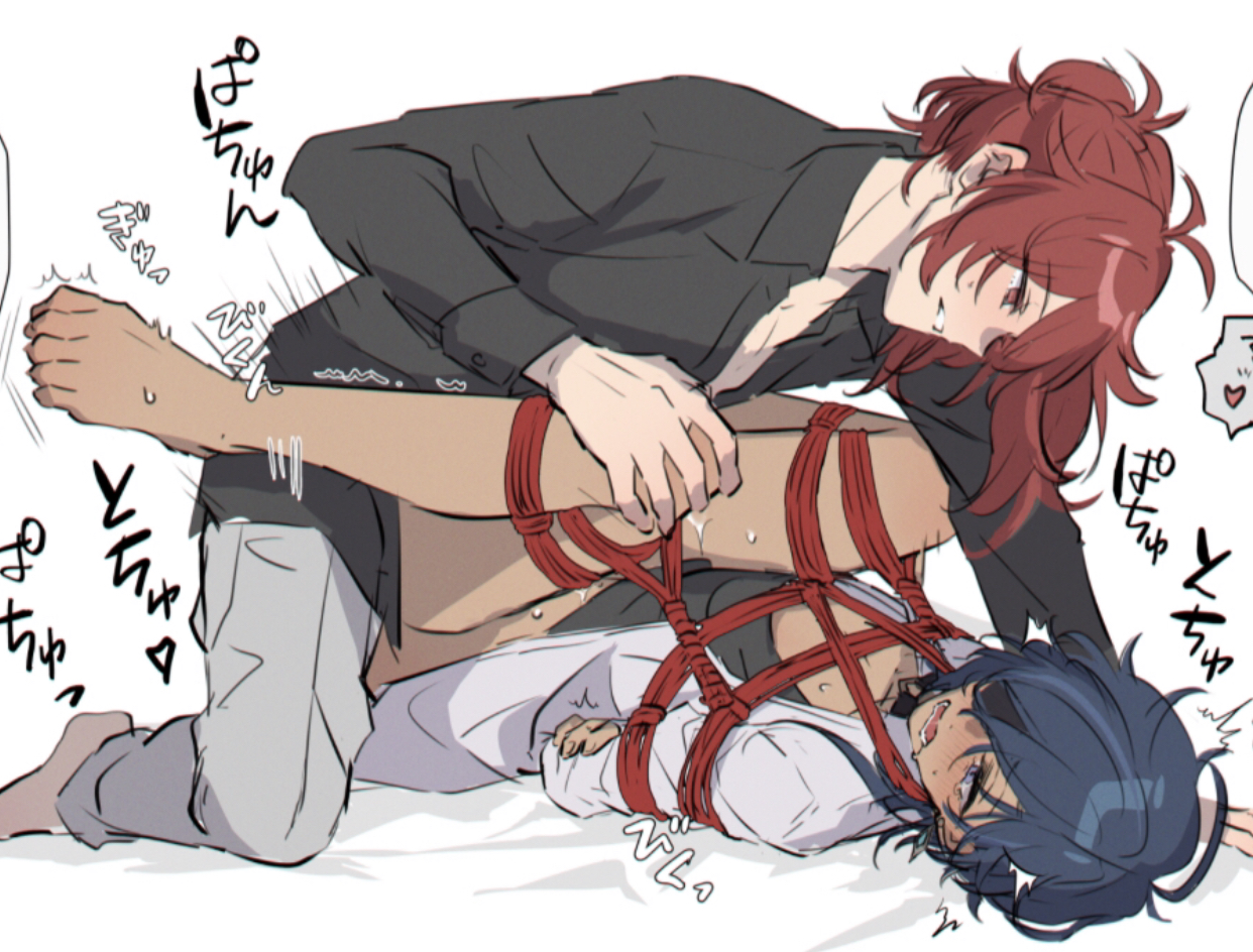 barely clothed, blue hair, blush, boy rape, crying, crying with eyes open, diluc (genshin impact), eyepatch, forced, gay, gay sex, genshin impact, incest, kaeya (genshin impact), male, male only, male rape victim, red hair, tied arms, tied up, yaoi