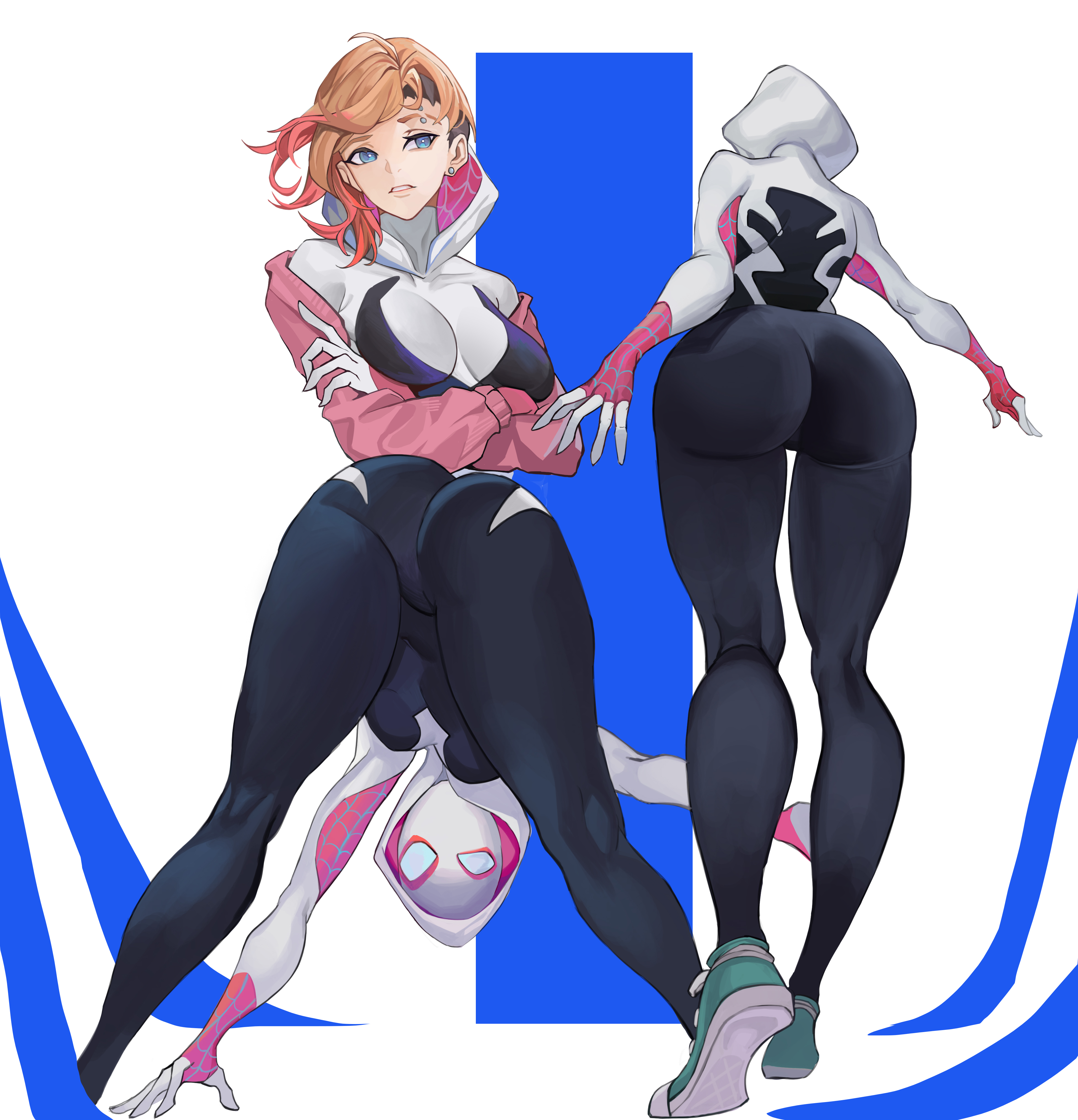 1girls, 2023, ass, ass shot, ass up, back, back view, backboob, big ass, big breasts, blonde hair, blue eyes, breasts, clothing, ear piercing, earrings, eyebrow piercing, eyebrows, female, female only, footwear, gwen stacy, hood, huge ass, lan xiezi, legs, looking back, marvel, marvel comics, mask, multiple views, shoes, short hair, solo, solo female, spider-gwen, spider-man (series), superheroine, thighs, tight clothes, tight clothing