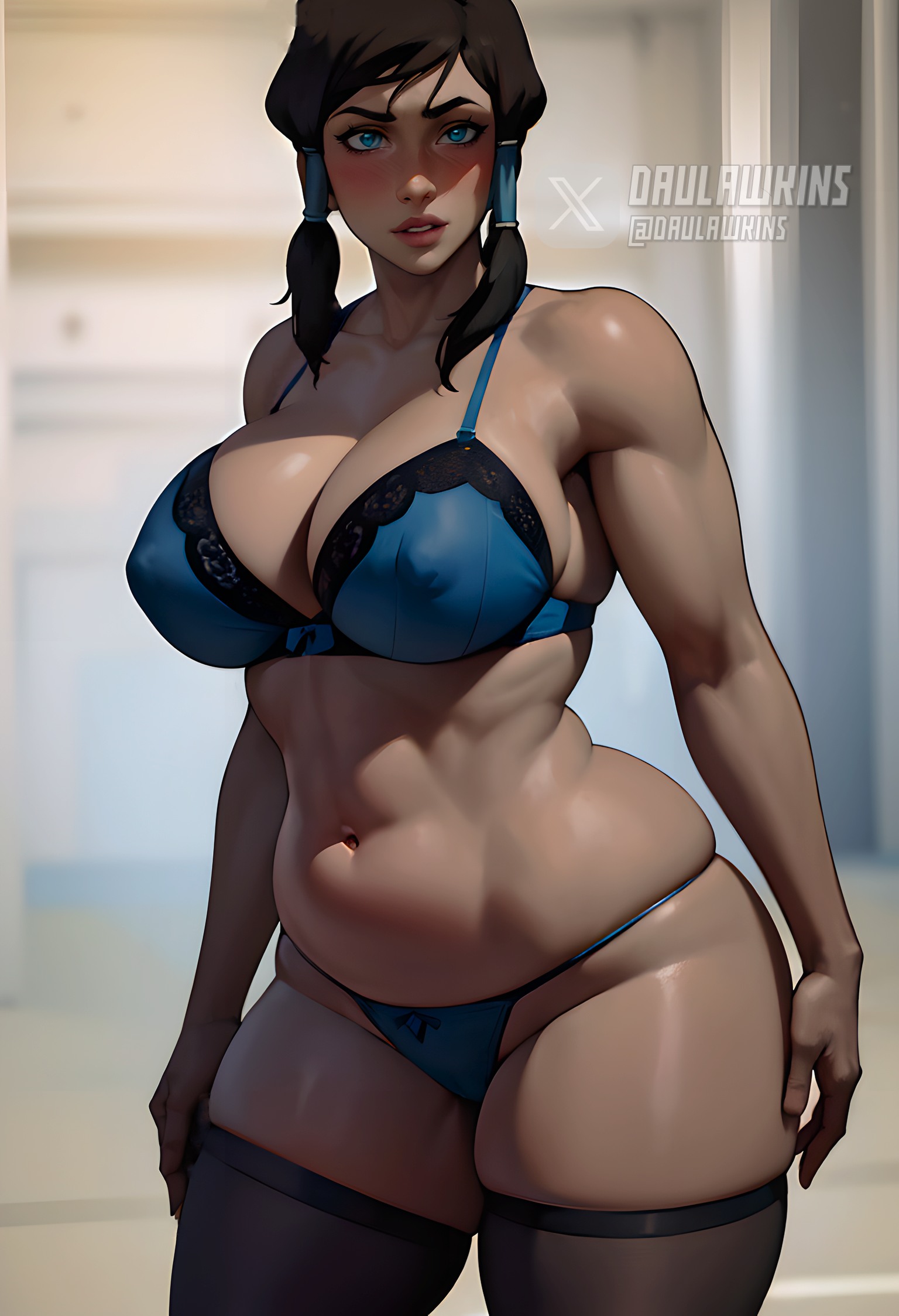 1girls, ai generated, avatar legends, big breasts, blue eyes, bra, breasts, brown hair, busty, dark skin, dark-skinned female, daulawkins, female, korra, large breasts, legwear, lingerie, milf, panties, solo, stable diffusion, stockings, the avatar, the legend of korra, thick, thick thighs, thighhighs, thighs, voluptuous, water tribe