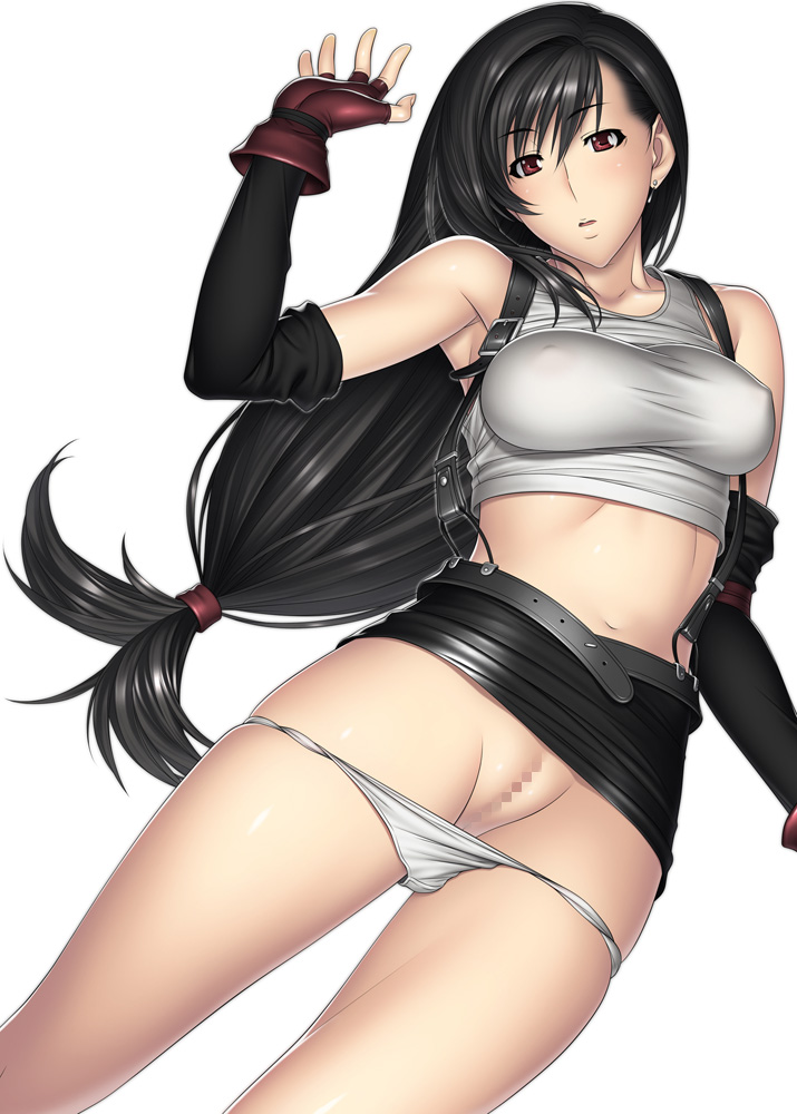 2d bare_shoulders belt black_hair censored earrings female female_only final_fantasy final_fantasy_vii fingerless_gloves gloves human jewelry kansuke long_hair lying midriff miniskirt navel no_bra no_panties panties panty_pull pussy red_eyes skirt solo square_enix straight_hair suspender_skirt suspenders tank_top taut_shirt tifa_lockhart very_long_hair