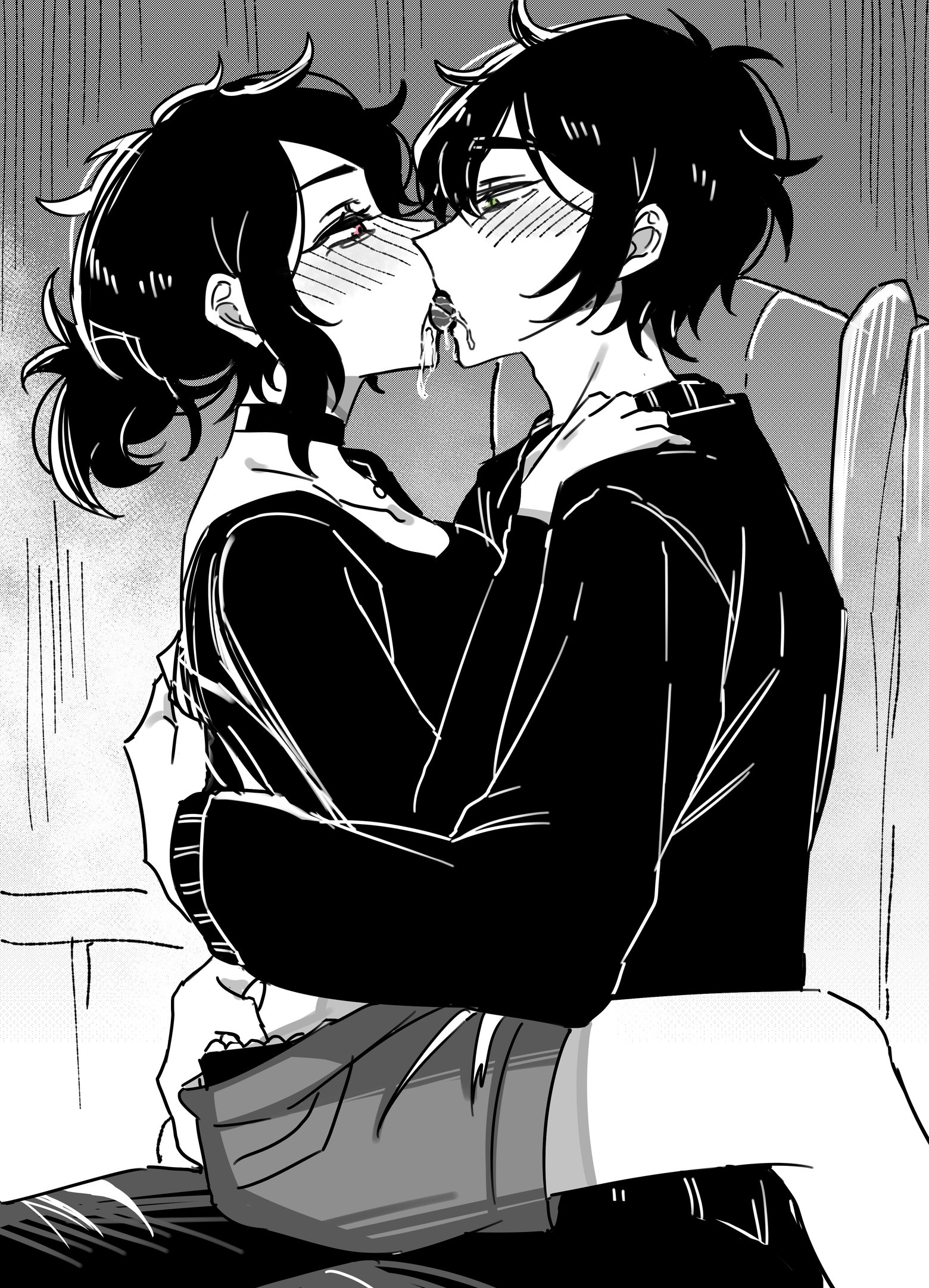 1boy, 1girls, andrew graves, andyleylove, ashley graves, black clothing, black hair, blood related, blush, brother and sister, choker, eye contact, face to face, female, french kiss, green eyes, incest, kissing, male, passionate kiss, pink eyes, saliva, saliva trail, straight, the coffin of andy and leyley
