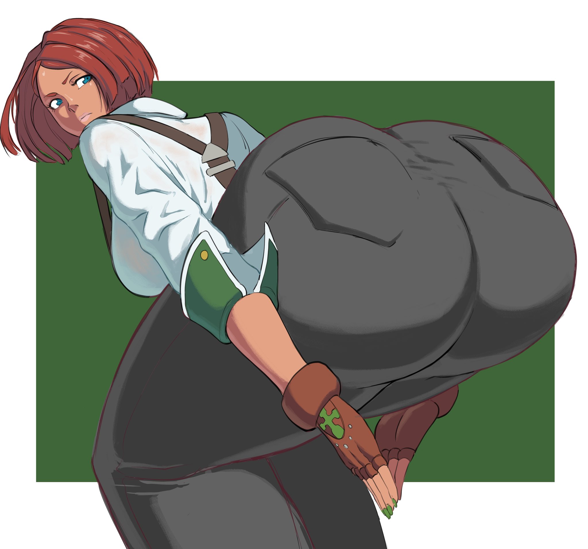 1girls, annoyed, ass, ass body, ass focus, big breasts, blue eyes, brazilian, brazilian female, breasts, clothing, fat ass, female, fingerless gloves, fully clothed, giovanna (guilty gear), gloves, green nails, guilty gear, guilty gear strive, huge ass, lipstick, looking back, octavius dp, praise da booty (meme), red hair, red head, solo, tight pants