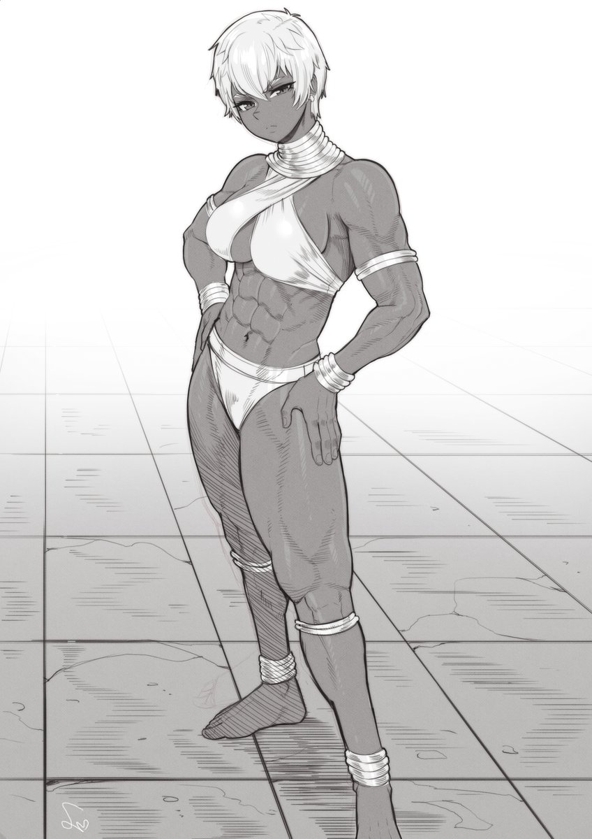 1girls, abs, bare arms, bare legs, bare shoulders, bare thighs, big breasts, black and white, breasts, clothed, clothing, dark skin, dark-skinned female, elena (street fighter), feet, female, female focus, female only, hi res, jewelry, large breasts, looking at viewer, muscles, muscular, muscular arms, muscular female, muscular legs, muscular thighs, short hair, solo, solo female, speedl00ver, street fighter, thick thighs, tomboy, very short hair