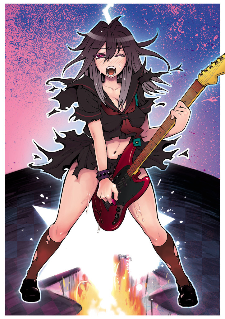 character_request crotch_rub electric_guitar female guitar instrument itou_eito legs loafers masturbation midriff navel original plectrum pussy_juice red_eyes school_uniform serafuku studded_bracelet sweat torn_clothes torn_stockings