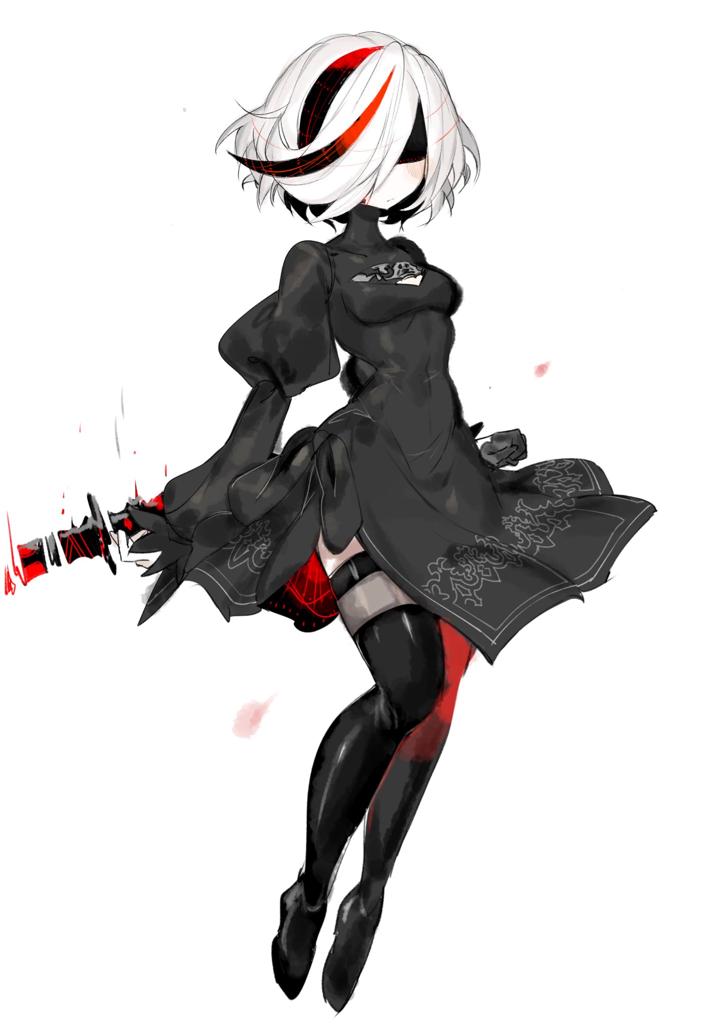 1girls, 2024, eyes covered, female, female only, fusion, nier: automata, safe for work, sage (sonic frontiers), sage (sonic), sega, solo, sonic (series), sonic frontiers, square enix, stockings, thighs, usa37107692, white hair, yorha 2b (cosplay), young female