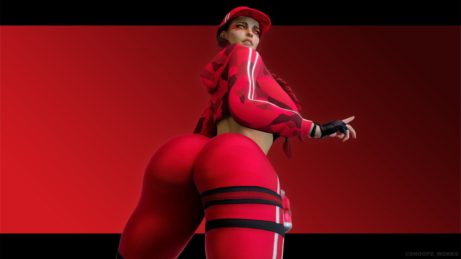 1girls, 3d, 3d (artwork), apex legends, ass, ass view, back turned, back view, baseball cap, big ass, big breasts, big hips, big thighs, braided hair, braided pigtails, braided twintails, breasts, busty, cap, clothes, crossover, crossover cosplay, face markings, female, female only, fingerless gloves, fortnite, gloves, hoodie, human, human only, loba (apex legends), long hair, looking at viewer, looking down, low angle, low-angle view, pants, rear view, red hair, simple background, snoopz, solo, solo female, standing, three-quarter portrait, twintails