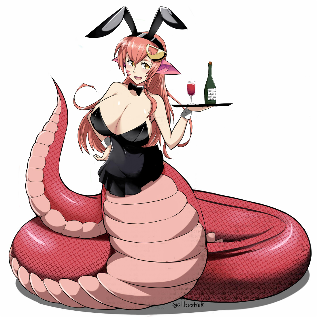 1girls, 2023, allbeatnik, amber eyes, big breasts, bottle, breasts, bunny ears, bunny ears (cosmetic), bunnysuit, cleavage, detached collar, female, female only, glass, lamia, long hair, looking at viewer, miia (monster musume), monster girl, monster musume no iru nichijou, naga, neck ribbon, pointy ears, red hair, smiling, smiling at viewer, snake, solo, tray, white background, wine bottle, wine glass, wrist cuffs