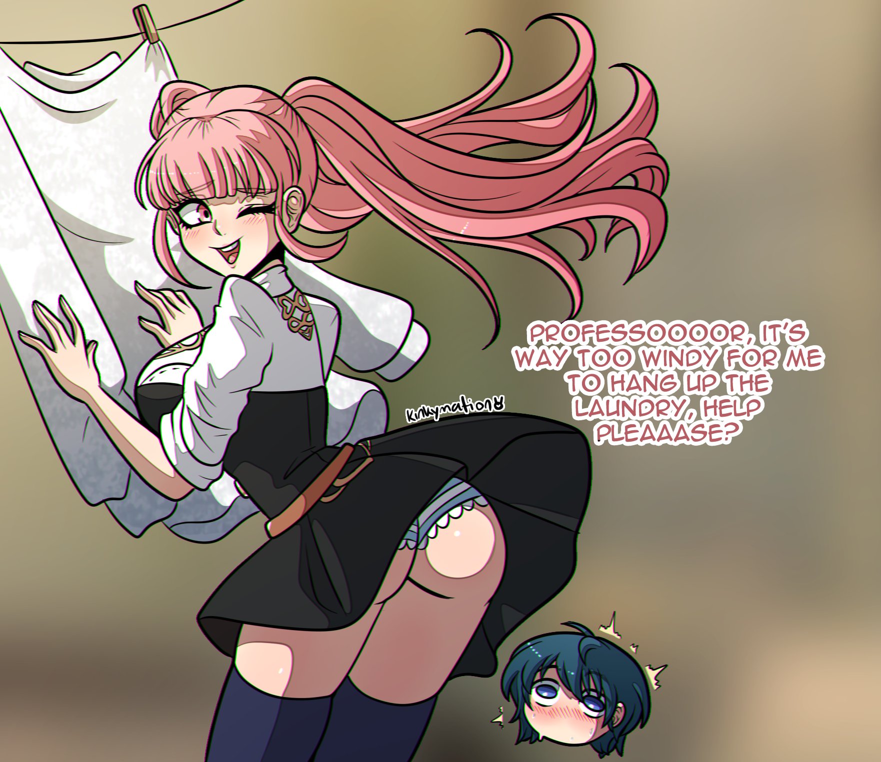 blue eyes, blue hair, blush, breasts, byleth (fire emblem), byleth (fire emblem) (male), clothed female, female, fire emblem, fire emblem: three houses, hilda valentine goneril, kinkymation, large breasts, laundry, male, nintendo, panties, pink eyes, pink hair, shirt lift, skirt, smile, teasing, text, twintails, wind lift