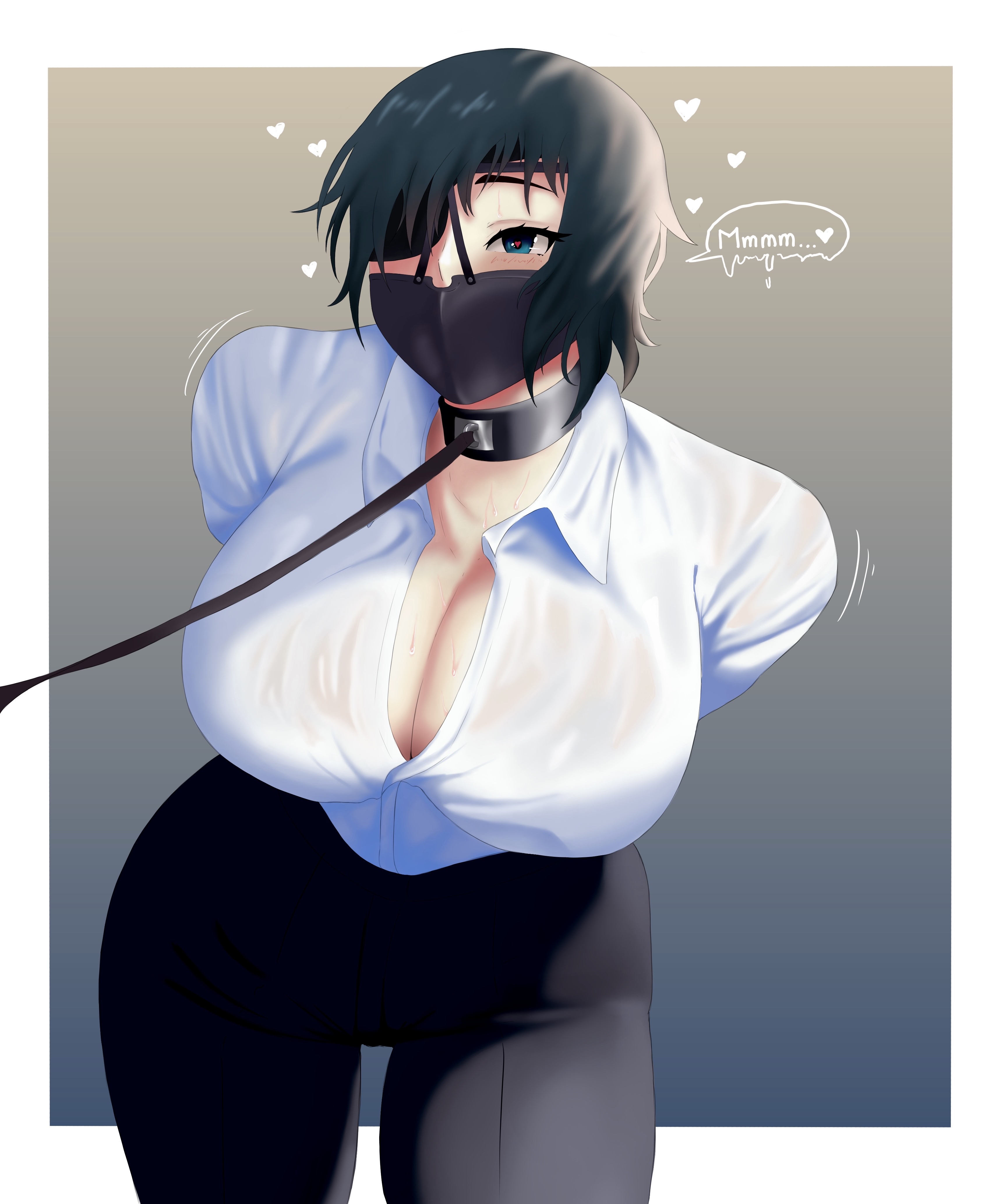1girls, big breasts, bondage, bound, breasts, brown hair, chainsaw man, cleavage, collar, eye patch, female, female only, gagged, himeno (chainsaw man), huge breasts, leash, leashed collar, lizwoss, mappa, short hair