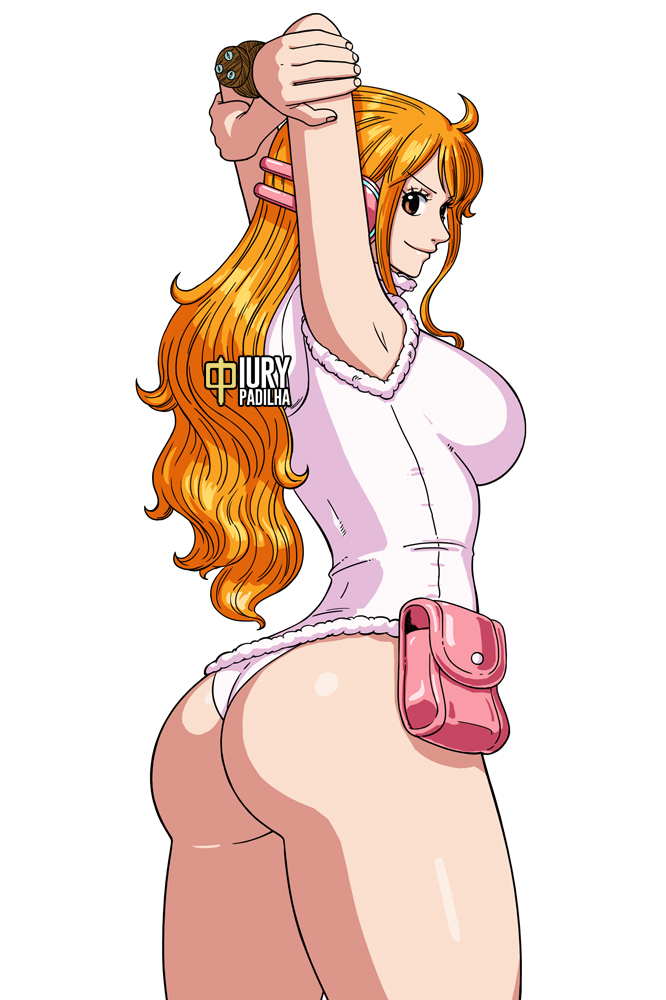 1girls arms_up ass ass_focus big_ass bubble_butt busty curvy dat_ass egghead female female_only headgear iury_padilha leotard long_hair looking_back nami one_piece one_piece:_egghead_arc orange_hair panties pose post-timeskip presenting presenting_hindquarters solo white_background