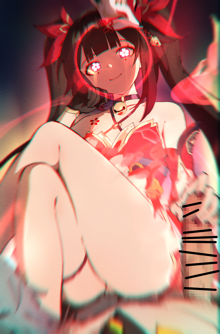 1boy bar_censor black_choker black_gloves breasts caelus_(honkai:_star_rail) censored choker commentary completely_nude dissolving_clothes female femdom flower-shaped_pupils flower_tattoo gloves glowing glowing_eyes grey_hair handjob highres honkai:_star_rail honkai_(series) long_hair looking_at_viewer mask mask_on_head mosaic_censoring nashidrop nude penis pussy small_breasts sparkle_(honkai:_star_rail) symbol-shaped_pupils tattoo thighs