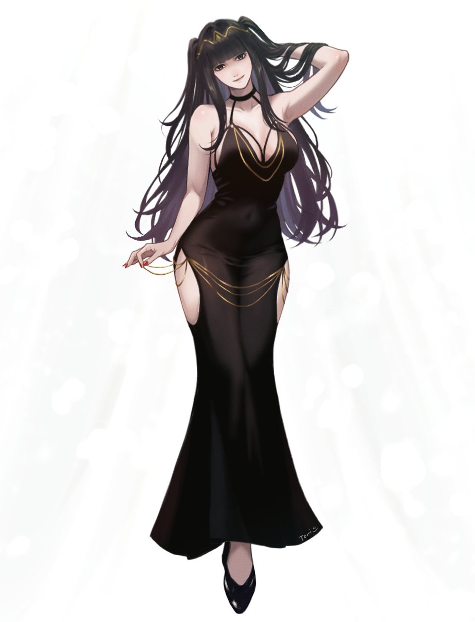 1girls alternate_costume black_dress black_hair blunt_bangs breasts chain cleavage covered_navel dress evening_gown female female_only fire_emblem fire_emblem_awakening gold_chain halter_dress halterneck high_heels highres hip_vent jewelry long_hair looking_at_viewer medium_breasts meme meme_attire modakawa_dress nintendo red_nails solo tharja_(fire_emblem) thighs tiara tori_art07 two_side_up wide_hips