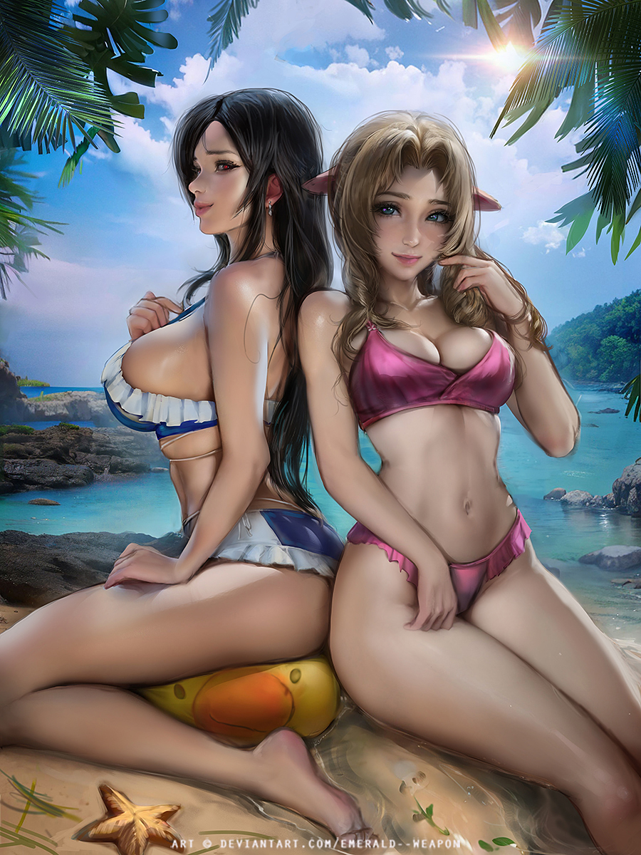 2girls aerith_gainsborough aerith_gainsborough_(pink_mermaid) beach bikini black_hair breasts brown_hair cleavage earrings emerald_weapon_(artist) feet final_fantasy final_fantasy_vii final_fantasy_vii_remake large_breasts long_hair navel sea smile starfish swimsuit tifa_lockhart tifa_lockhart_(shining_spirit)