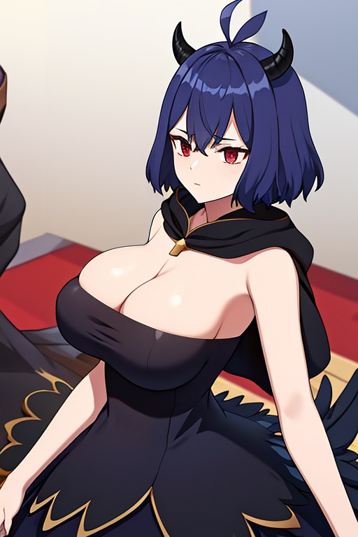 1girls ai_generated artist_request big_boobs big_breasts black_bulls_uniform black_clover blue_hair horns red_eyes secre_swallowtail tagme