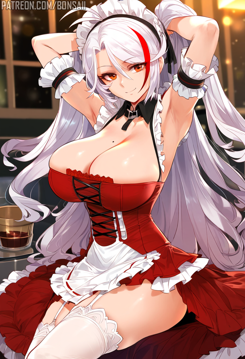 ai_generated azur_lane bons_ai huge_breasts looking_at_viewer maid prinz_eugen_(azur_lane) showing_off solo thick_thighs