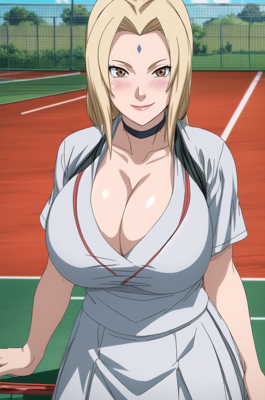 1girls ai_generated beautiful_background blonde_hair breasts breasts_bigger_than_head brown_eyes cleavage devil's_man devil's_man_(artist) forehead_mark huge_breasts large_breasts looking_at_viewer mature_female mature_woman naruto naruto_(series) pixai skirt smile smiling smiling_at_viewer tennis_court tennis_outfit tennis_uniform tsunade white_clothing