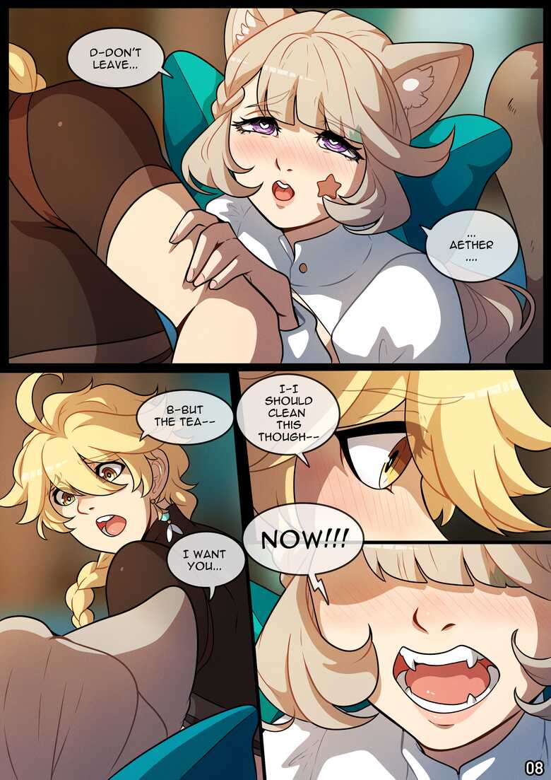1boy, 1girls, aether (genshin impact), animal ears, blonde hair, cat ears, cat girl, cat tail, catgirl, comic, english text, female, genshin impact, hair bow, kinkymation, long hair, lynette (genshin impact), male, page 8, page number, tail, text