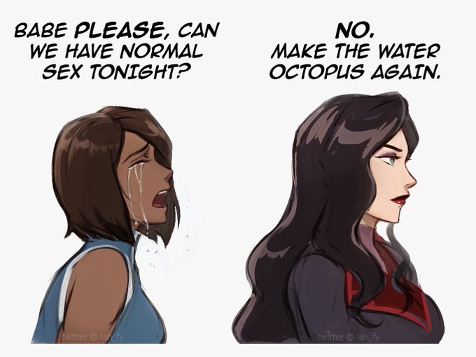 2024 2girls asami_sato avatar_legends canon_couple crying crying_with_eyes_closed dark-skinned_female english_text female iahfy implied_sex korra light-skinned_female meme nonbender open_mouth text the_avatar the_legend_of_korra water_manipulation water_tribe white_background yuri