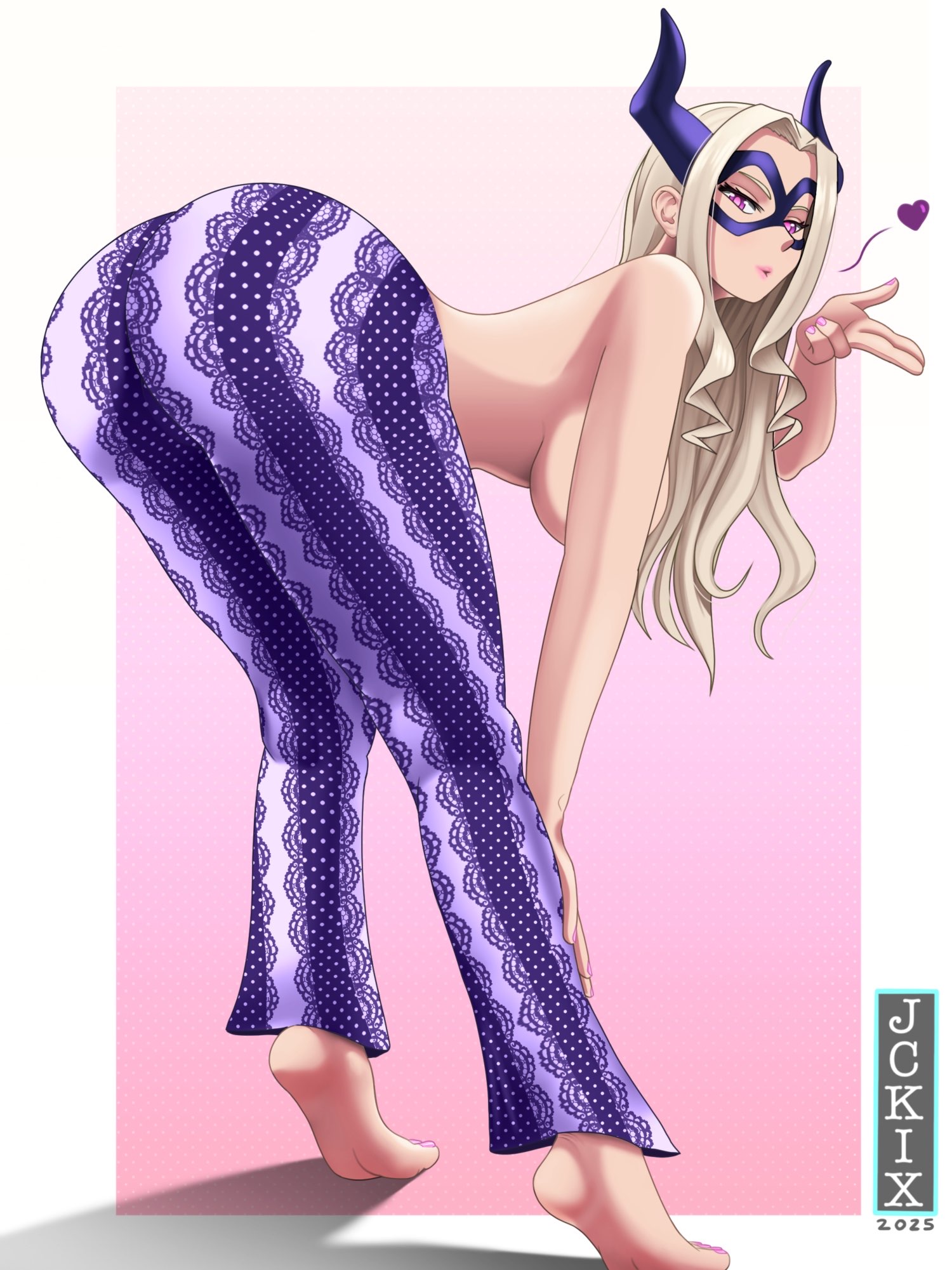 1girls, 2025, artist name, ass, ass focus, ass up, back view, barefoot, blowing kiss, butt focus, convenient censoring, feet, female, female focus, focus on ass, forbidden pants, heart, hotpants, jckix art, looking at viewer, mask, masked, mount lady, my hero academia, painted nails, soles, solo, solo female, solo focus, topless