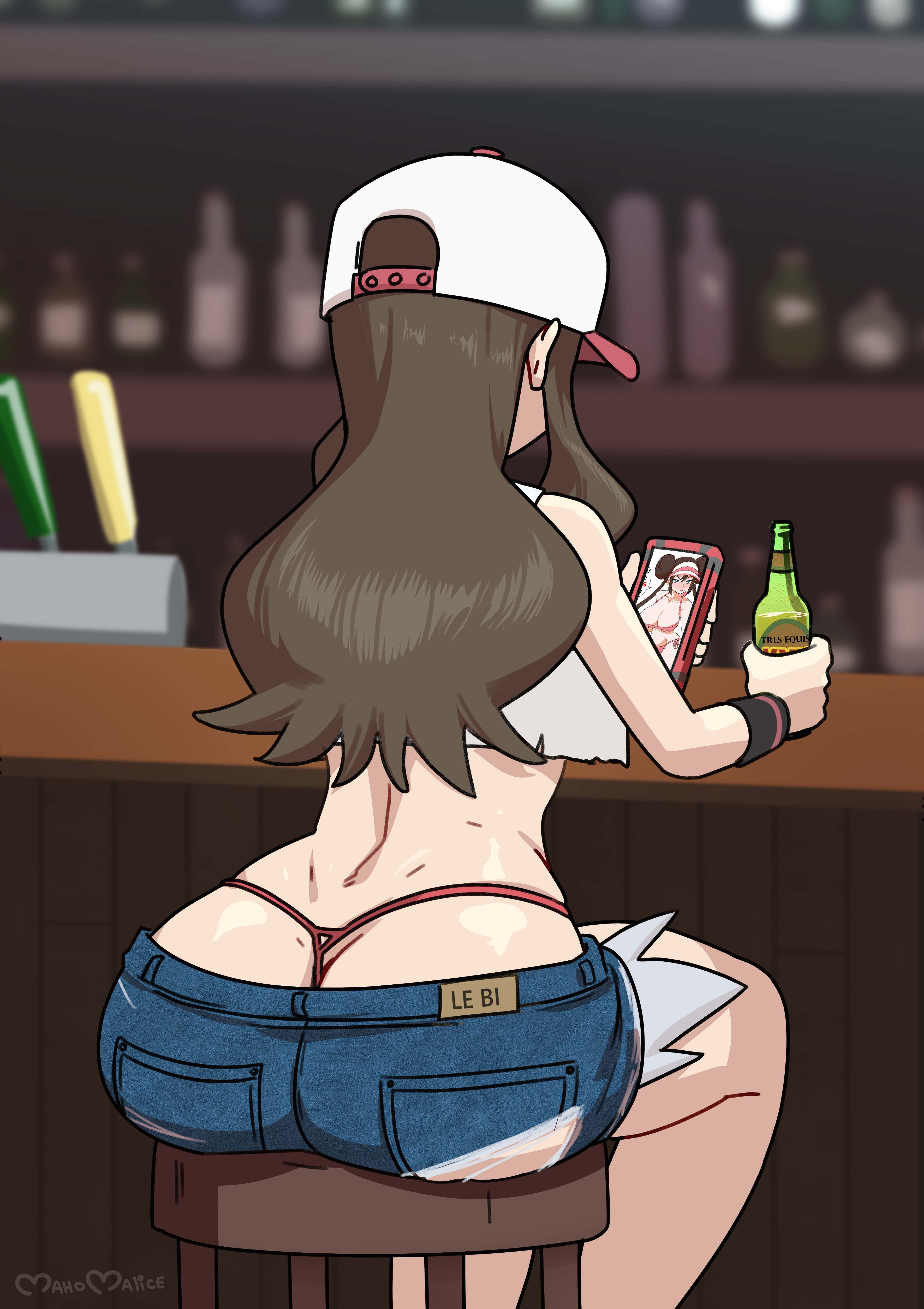 1girls, alternate breast size, ass, ass hanging out of shorts, back, bar, blue eyes, booty shorts, breasts, brown hair, cellphone, chair, female, hat, hilda (pokemon), indoors, jean shorts, large ass, large breasts, light skin, light-skinned female, long hair, maho malice, myahogao, nintendo, panties, panties visible, pokemon, pokemon bw, short shorts, shorts, sitting, sitting on chair, solo, stool, tank top, thong