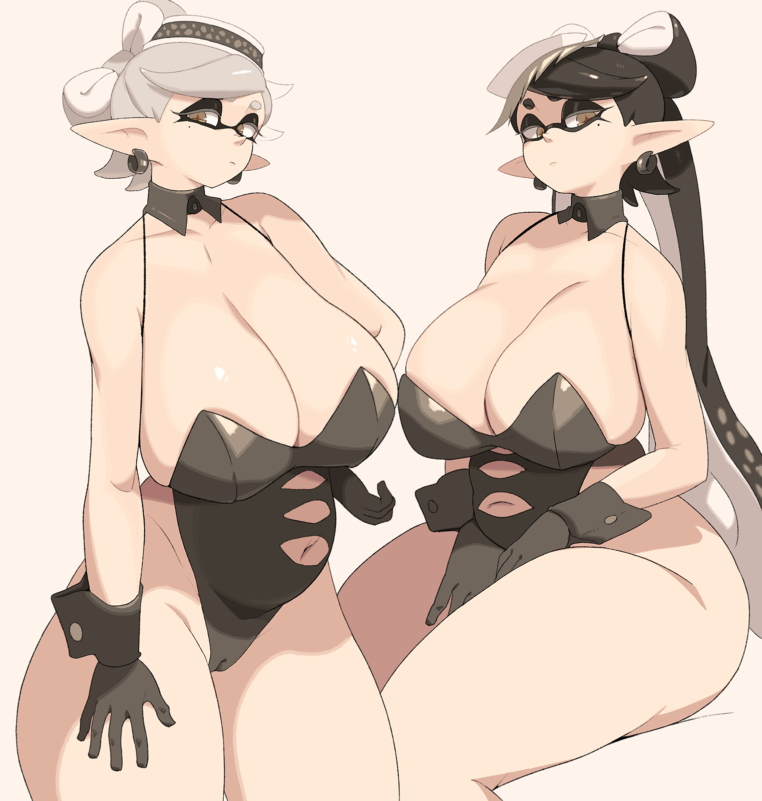 2girls, black hair, breasts, callie (splatoon), cousins, female, hips, huge breasts, inkling, light skin, light-skinned female, long hair, marie (splatoon), nintendo, short hair, splatoon, splatoon (series), squid sisters, tentacle hair, thick thighs, thighs, white hair, wide hips, yuta agc