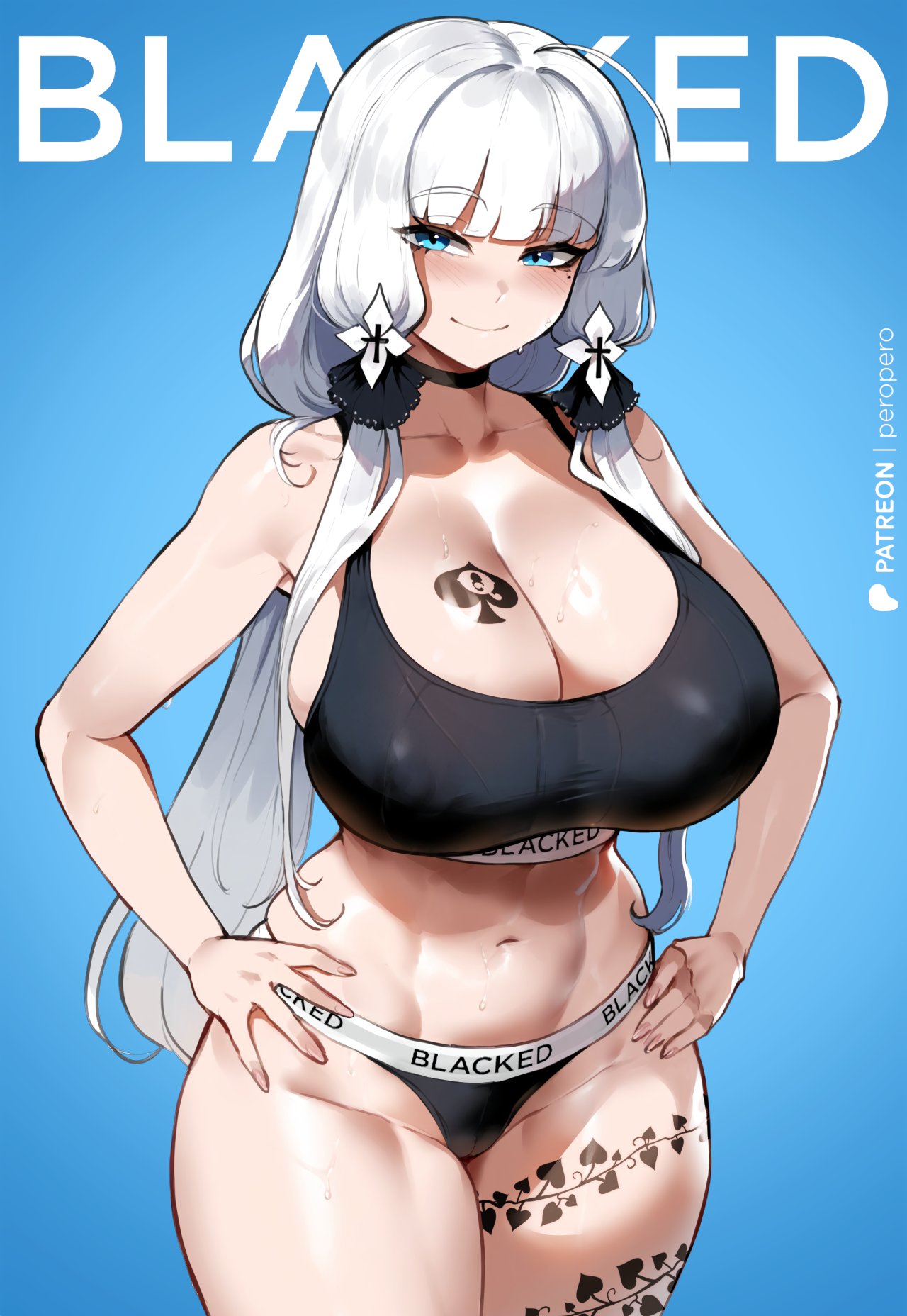 1girls ahoge ai_assisted ai_generated azur_lane big_breasts black_panties blacked blacked_clothing blue_background blue_eyes choker female gym_uniform hair_ribbon hand_on_hip illustrious_(azur_lane) interracial large_breasts light-skinned_female light_skin long_hair looking_at_viewer magazine_cover mature mature_female mole mole_under_eye pale-skinned_female pale_skin peropero qos queen_of_spades royal_navy_(azur_lane) simple_background smile snowbunny solo sports_bra sportswear standing sweat tattoo thiccwithaq_(ai_style) twintails underwear underwear_only very_long_hair white_hair wide_hips