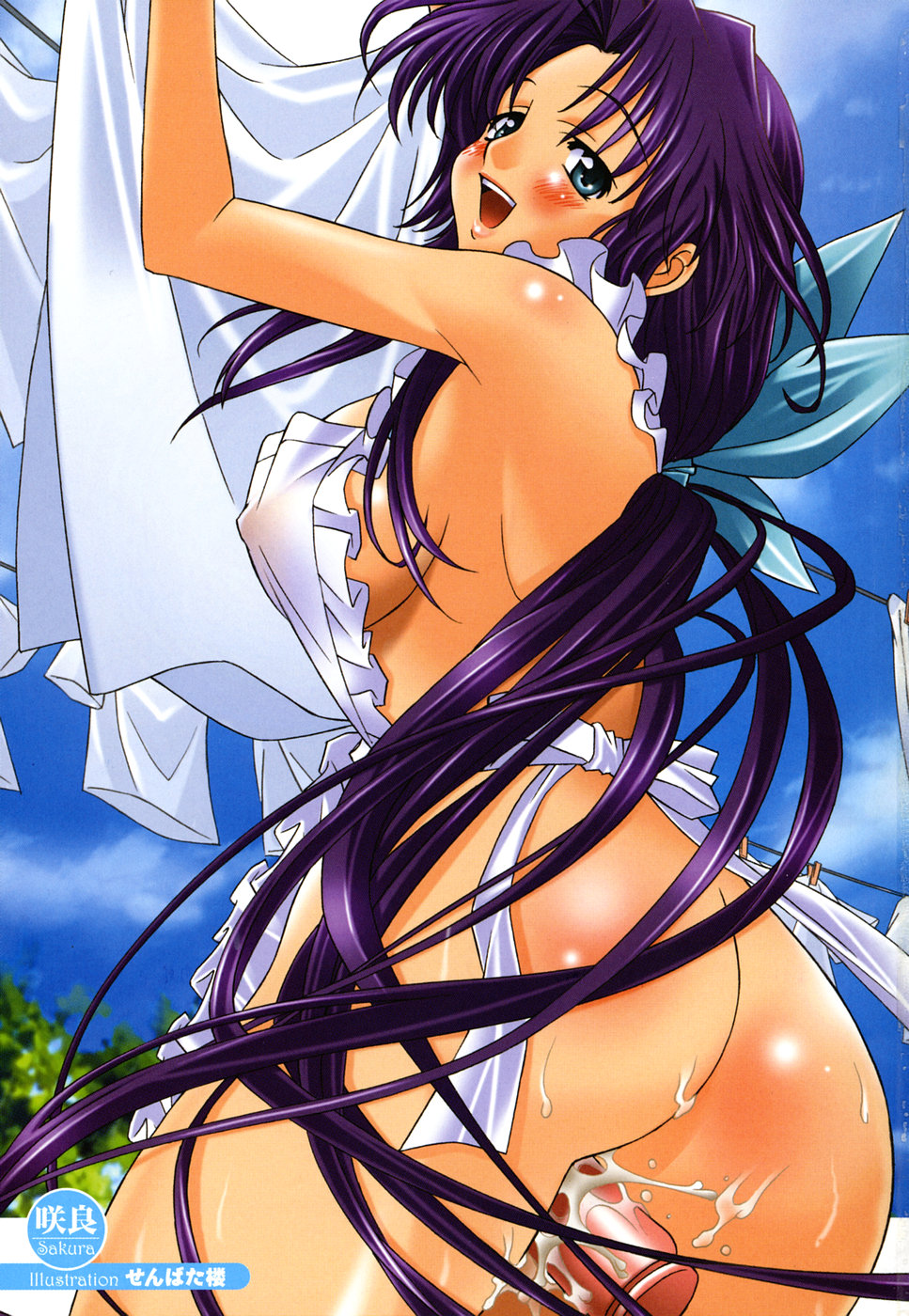 ass blush bow breasts copyright_request dildo erect_nipples highres large_bow laundry long_hair milf naked_apron nipples open_mouth purple_hair pussy_juice senbata-rou sky