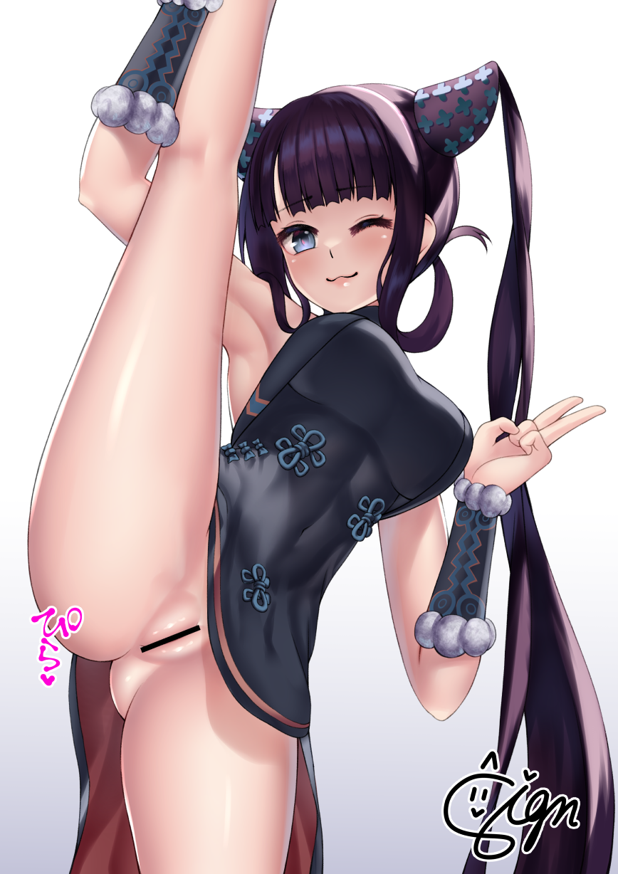 armpits bare_shoulders black_dress blue_eyes blush breasts censored china_dress chinese_clothes closed_mouth detached_sleeves dress fate/grand_order fate_(series) female hair_ornament highres large_breasts long_hair looking_at_viewer no_panties one_eye_closed purple_hair pussy signdasuyo smile solo split standing standing_on_one_leg standing_split twintails v very_long_hair yang_guifei_(fate) yang_guifei_(second_ascension)_(fate)