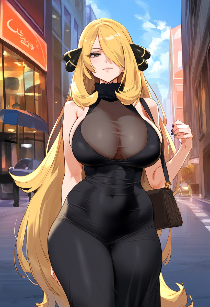 1girls, ai generated, bare arms, bare shoulders, big breasts, blonde hair, blush, breasts, clothed, clothing, color, cynthia (pokemon), dress, female, female focus, female only, flamingpassion, game freak, hi res, large breasts, light skin, light-skinned female, long hair, looking at viewer, nintendo, pokemon, pokemon champion, pokemon dppt, pokemon trainer, solo, solo female, tagme, thick thighs
