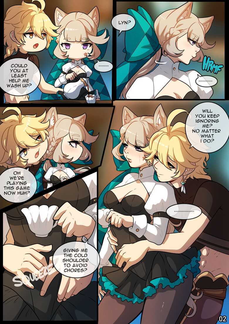 1boy, 1girls, aether (genshin impact), animal ears, blonde hair, cat ears, cat girl, catgirl, comic, english text, female, genshin impact, hair bow, kinkymation, long hair, lynette (genshin impact), male, page 2, page number, tail, text