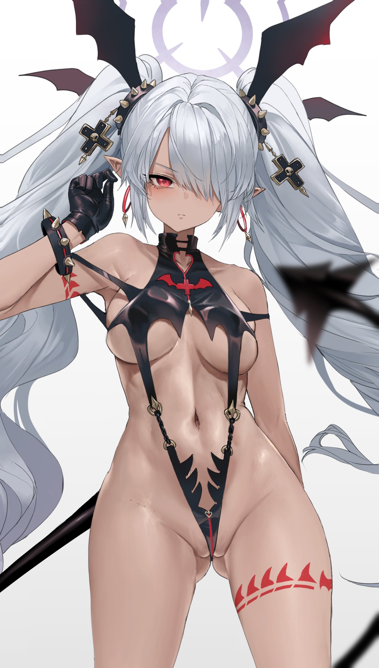 athletic, blue archive, breasts, cleft of venus, cross, dishwasher1910, female, female only, furrowed brow, gehenna academy student, gloves, iori (blue archive), medium breasts, prefect team (blue archive), pussy, revealing clothes, skimpy, skimpy armor, skimpy bikini, skimpy clothes, skinny, skull, slingshot swimsuit, spiked bracelet, tattoo, tattoo on legs