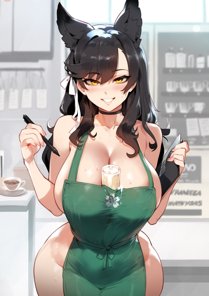1girls, ai generated, apron, apron only, atago (azur lane), azur lane, bare arms, bare legs, bare shoulders, bare thighs, big breasts, black hair, blush, breasts, cat ears, cat girl, catgirl, clothed, clothing, color, depressu, female, female focus, female only, hi res, large breasts, light skin, light-skinned female, long hair, no bra, no panties, solo, solo female, tagme, thick thighs, waitress, yellow eyes