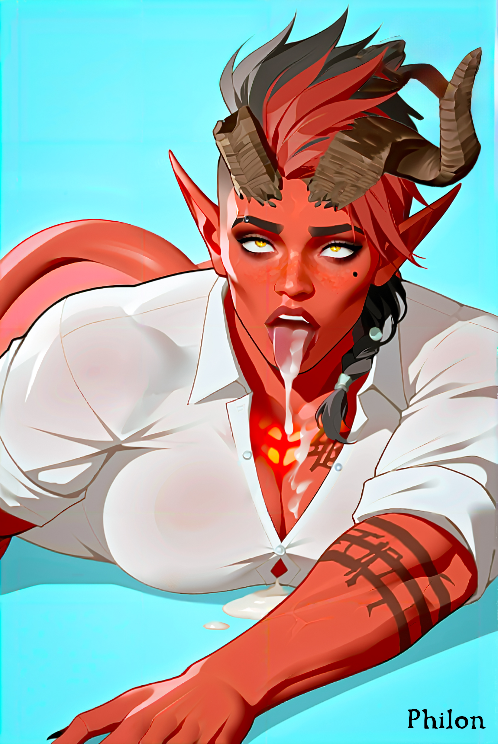 1girls, after fellatio, ai generated, ass, asymmetrical hair, baldur's gate 3, black hair, breasts, broken horn, cleavage, colored skin, cum, cum in mouth, demon, demon girl, demon horns, dungeons and dragons, female, female only, forgotten realms, horns, karlach, large breasts, mole, mole under eye, muscular, on stomach, philon, pointy ears, red body, shirt, solo, stable diffusion, tail, tattoo, tongue, tongue out, white shirt