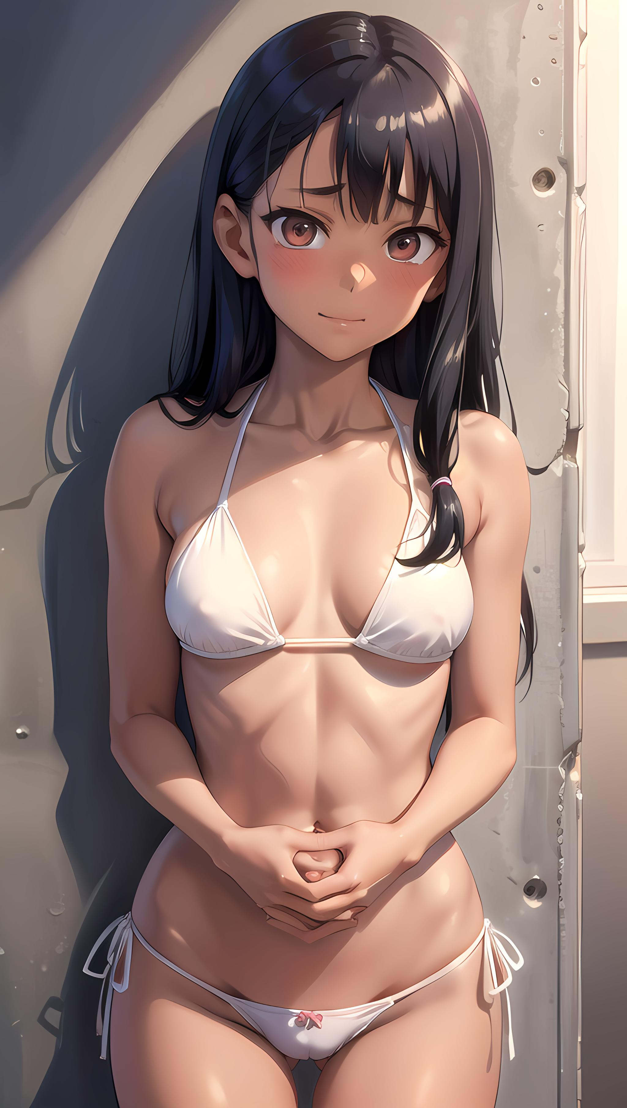 1girls, ai generated, belly, belly button, bikini, bikini bottom, bikini top, black hair, blush, cameltoe, female, hands together, hayase nagatoro, hazel eyes, legs, long hair, petite, petite body, petite female, please don't bully me, nagatoro, pussy, shadow, smile, solo, stone wall, tagme, tanned, white bikini, worried
