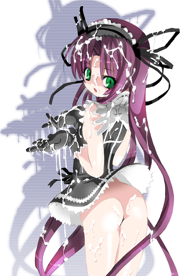 1girls clothing cum cum_on_ass cum_on_body cum_on_hair cum_on_purple_hair demonbane dress etheldreda facial female female_only gloves green_eyes hair_ribbon hairband long_hair long_purple_hair marcy_dog no_panties purple_hair ribbon semen semen_on_body very_long_hair