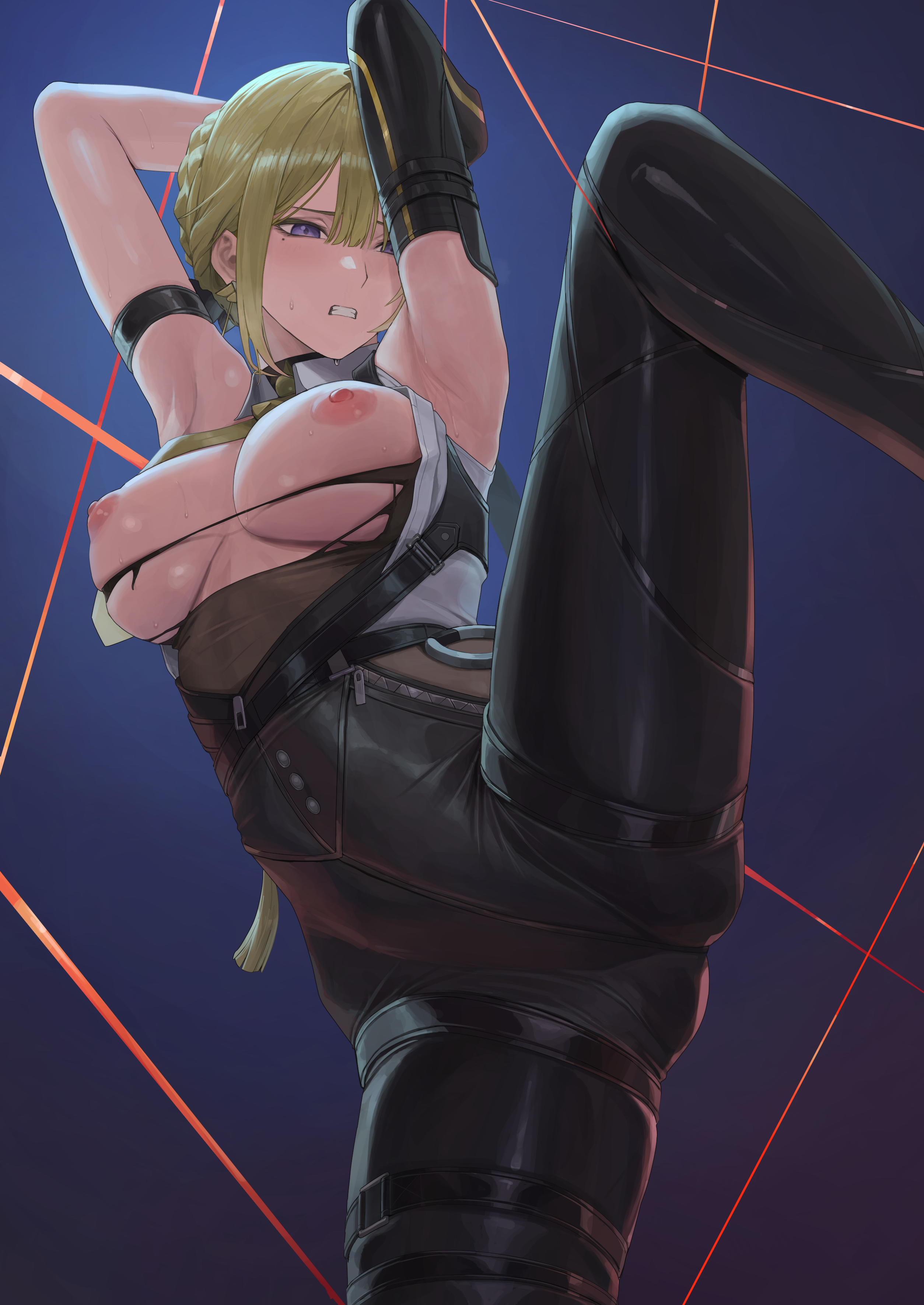 absurdres, ano (gccx8784), arm strap, armpits, arms up, ass, black gloves, black pants, blonde hair, blue background, blush, breasts, breasts out, clenched teeth, collared shirt, commentary, commission, earrings, elbow gloves, evelyn chevalier, female, gloves, high-waist pants, highres, jewelry, large breasts, leg up, mole, mole under eye, necktie, necktie aside, nipples, pants, pixiv commission, purple eyes, shirt, short hair, single elbow glove, solo, teeth, tight clothes, tight pants, torn clothes, torn shirt, variant set, white shirt, yellow necktie, zenless zone zero