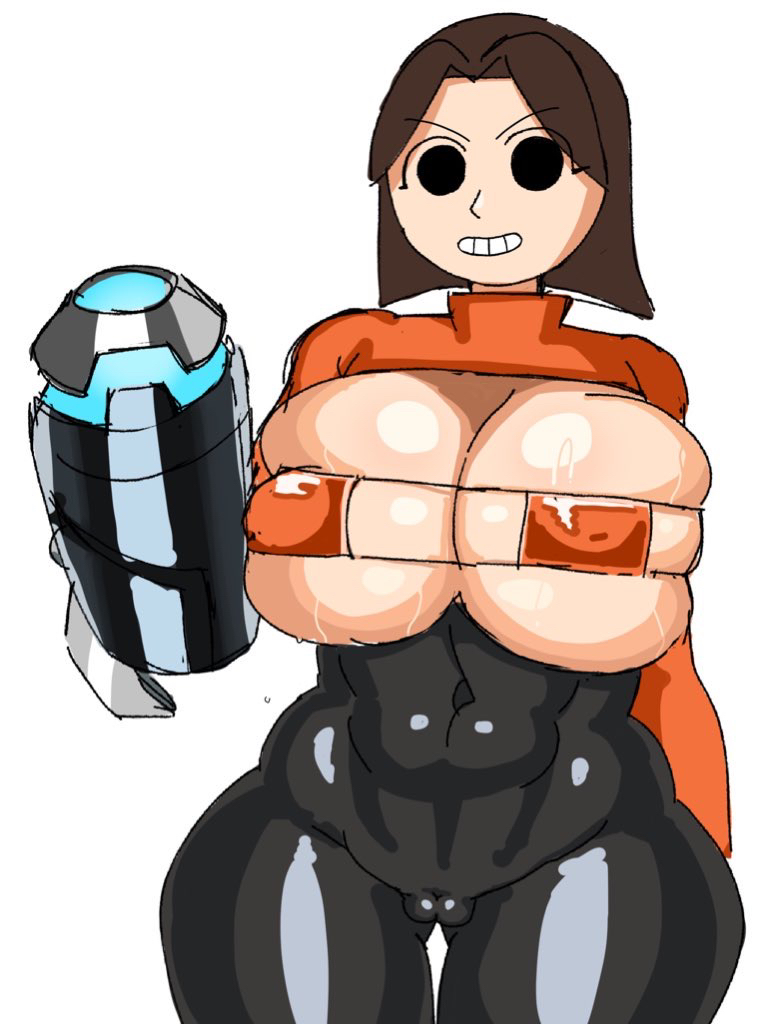 about_to_burst arm_cannon black_bodysuit black_eyes bodysuit brown_hair bursting_breasts cannon grin looking_at_viewer mii mii_gunner mii_gunner_(smash_4) nagogogogogo nagomami nintendo smile solid_circle_eyes square_bikini super_smash_bros.