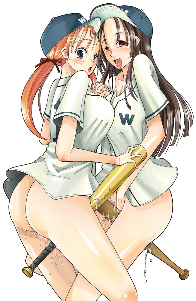 2girls baseball baseball_bat blue_eyes blush bottomless breasts brown_hair character_request clothes_writing crotch_rub female female_only freckles hat long_hair looking_at_viewer multiple_girls nippon_professional_baseball no_visible_genitalia open_mouth orange_hair pussy_juice red_eyes sakazaki_freddie straight_hair sweatdrop yuri