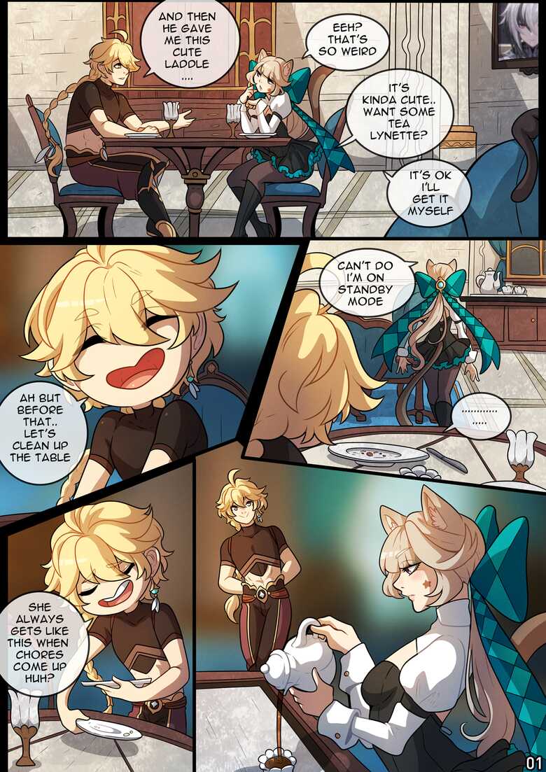1boy, 1girls, aether (genshin impact), animal ears, blonde hair, cat ears, cat girl, cat tail, catgirl, comic, english text, female, genshin impact, hair bow, kinkymation, long hair, lynette (genshin impact), male, page 1, page number, tail, text