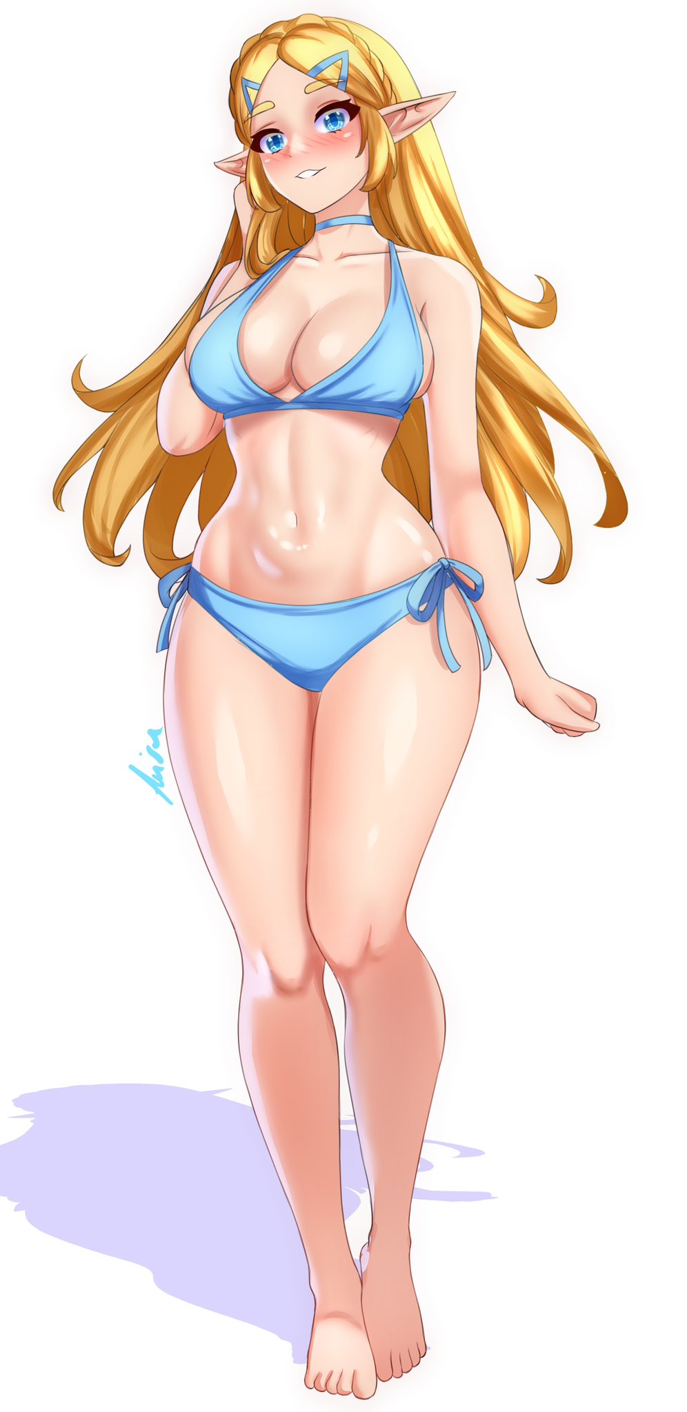 1girls, anisdrawn, bikini, blonde hair, breasts, breath of the wild, cleavage, female, long hair, nintendo, pointy ears, princess zelda, solo, swimsuit, the legend of zelda, zelda (breath of the wild)