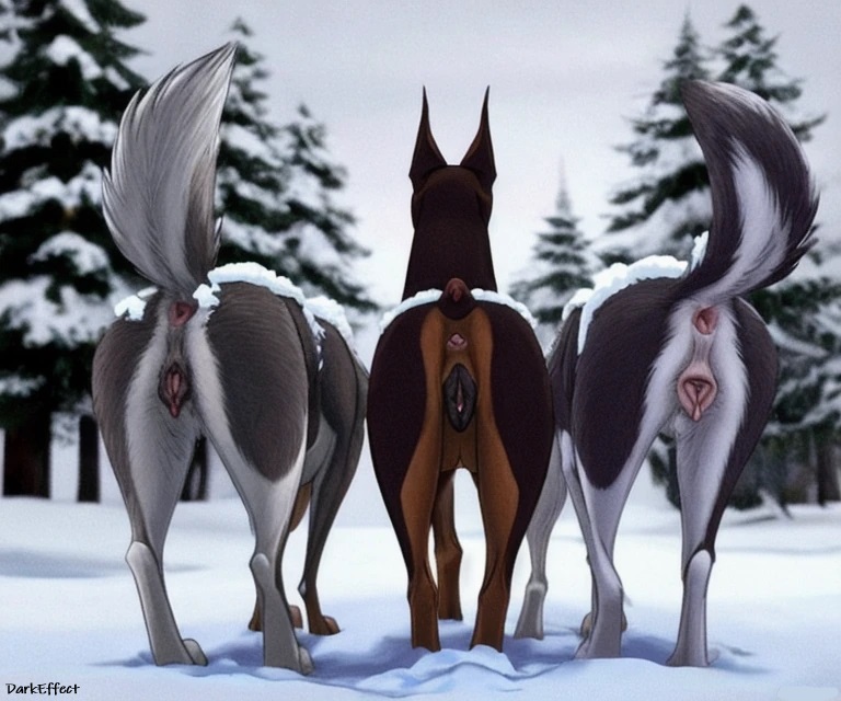 3girls, ai generated, anatomically correct, anatomically correct anus, anatomically correct genitalia, anatomically correct pussy, anus, canine, canine genitalia, canine pussy, darkeffect, dobermann, female, female only, feral, fluffy tail, furry, husky, outdoors, pointy ears, presenting hindquarters, pussy, rear view, snow, standing, tail, two-tone fur, wolfdog