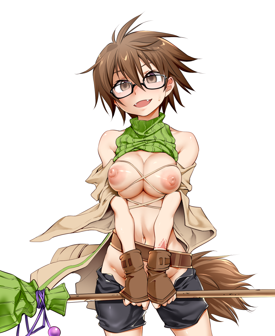 aussa_the_earth_charmer breasts breasts_out brown_eyes brown_hair clothes_pull duel_monster fangs female female_focus fingerless_gloves funnyari glasses gloves holding large_breasts messy_hair navel nipples off_shoulder short_hair shorts shorts_pull skindentation sleeveless solo staff sweater transparent_background turtleneck yu-gi-oh!