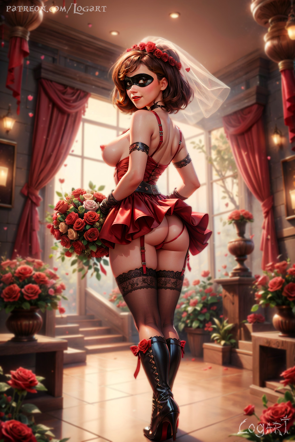 1girls, 3d, absurdres, ai generated, ass, ass focus, big breasts, breasts, cleavage, commentary request, detailed, disney, domino mask, elastigirl, exposed, exposed breasts, female, female only, helen parr, high heel boots, high heels, high quality, highres, hourglass figure, jewel, jewelry, large breasts, leak, leaked, lingerie, logart, looking back, mask, mature, mature female, milf, mommy, naked, naked female, nipples, nude, nudity, pixar, red lingerie, rose (flower), seductive, sensitive, solo, stable diffusion, superheroine, tagme, the incredibles, the incredibles 2, wedding lingerie, wedding veil