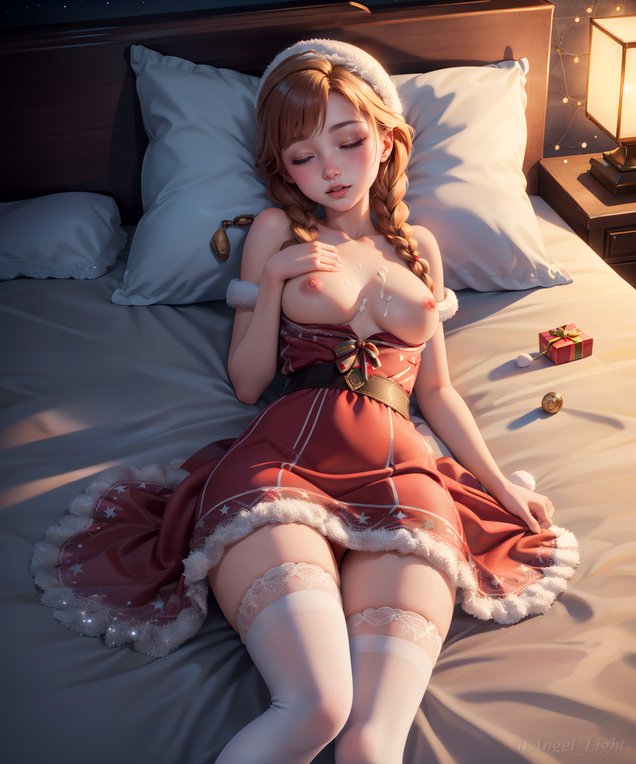ai generated, angel light, angel light (artist), anna (frozen), breasts, brown hair, christmas outfit, clothing, cum, disney, disney princess, dress, female, frozen (film), nipples, passed out, princess, santa costume, small breasts, stockings