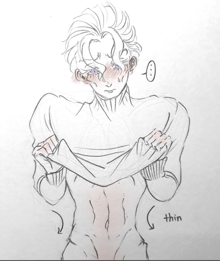 ashamed blush diamond_is_unbreakable donocho embarrassed exposing_self jojo's_bizarre_adventure lifting_shirt looking_down looking_embarrased male_focus male_only partially_clothed skinny_male solo_male sweater thin_waist twink twunk yoshikage_kira