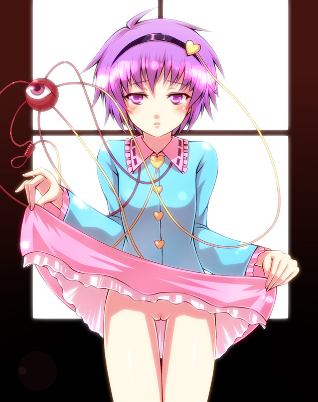 blush eyes genjuu_rou hairband heart no_panties purple_eyes purple_hair pussy satori_komeiji short_hair skirt skirt_lift solo standing touhou uncensored