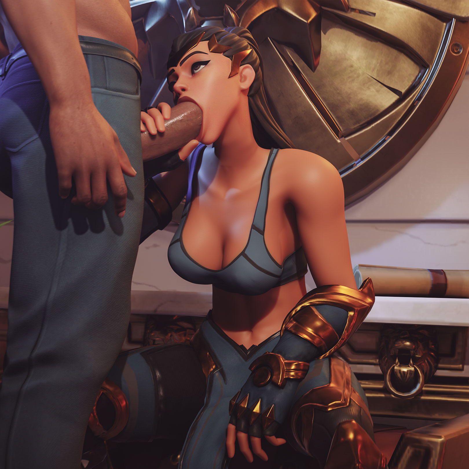 1boy, 1girls, 3d, 3d (artwork), big breasts, blowjob, breasts, female, fortnite, macklesternsfw, male, odyssey (fortnite), sports bra