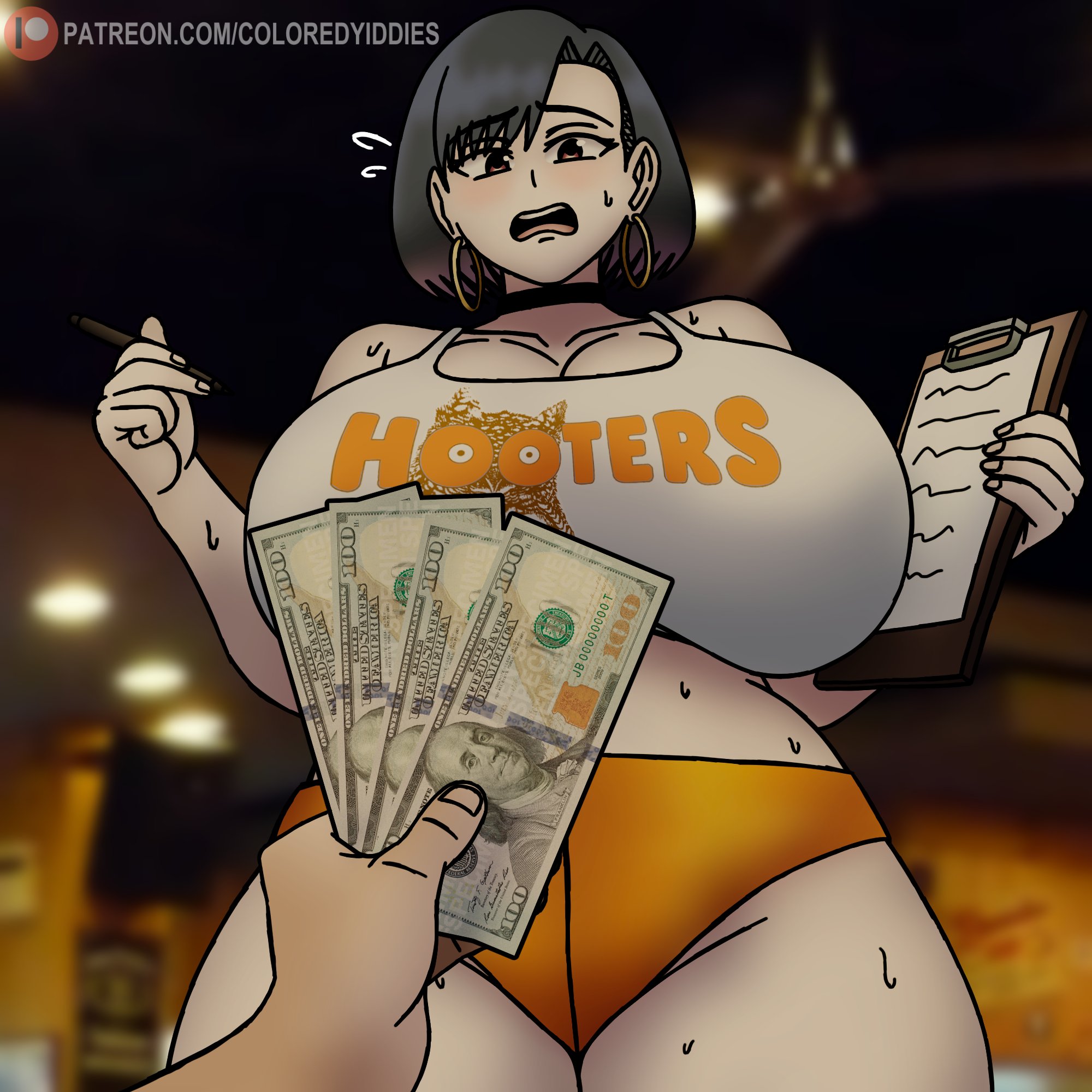 breasts, coloredyiddies, female, hooters, hooters uniform, huge breasts, lei (coloredyiddies)